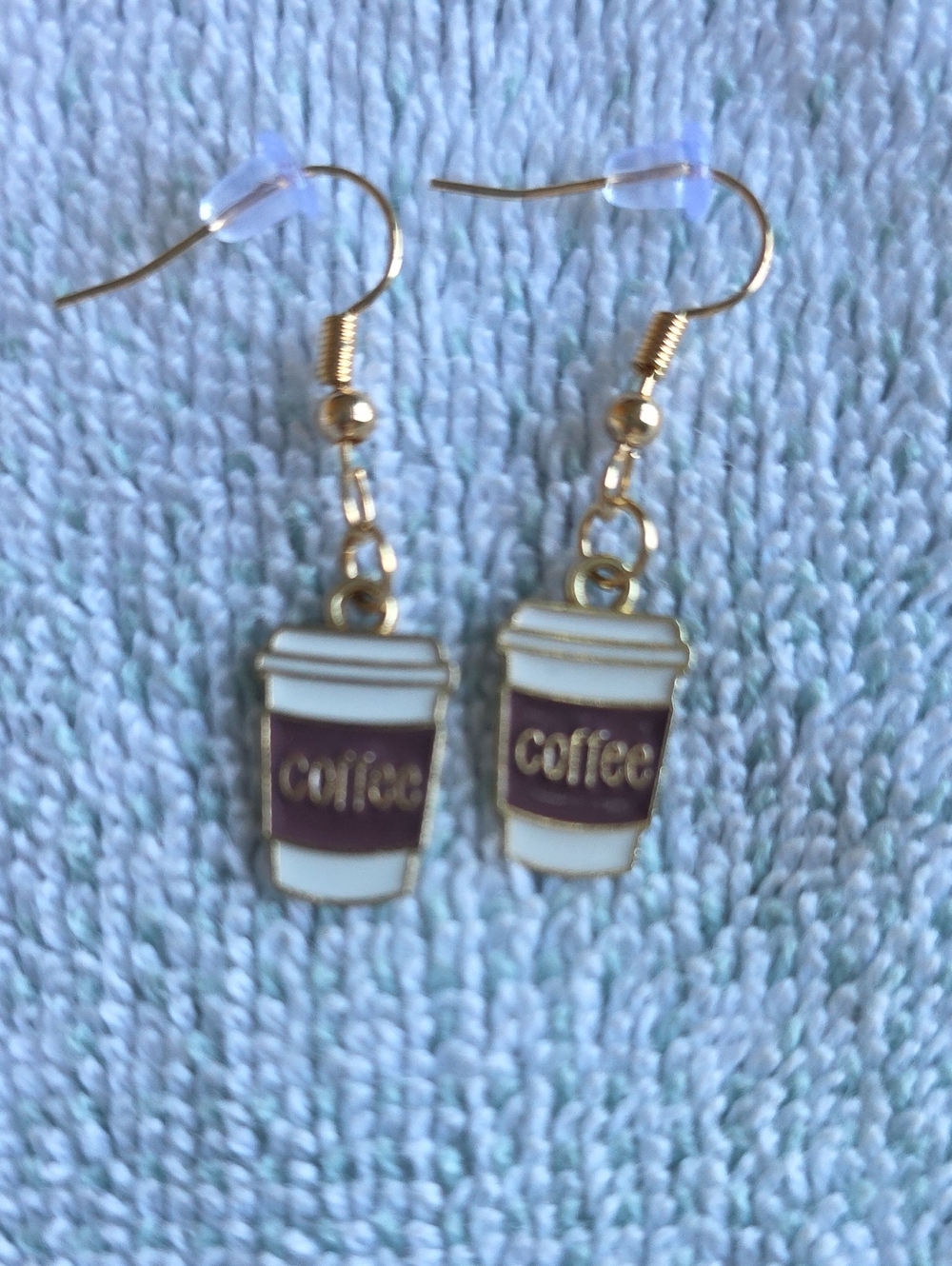Gold Coffee Cup Dangle Earrings - White and Brown